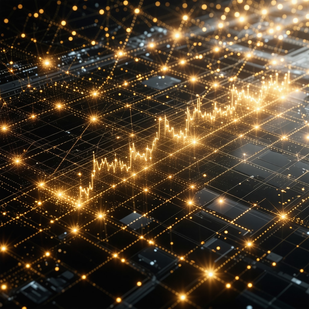 Futuristic digital platform showing gold trading, blockchain icons, and economic graphs