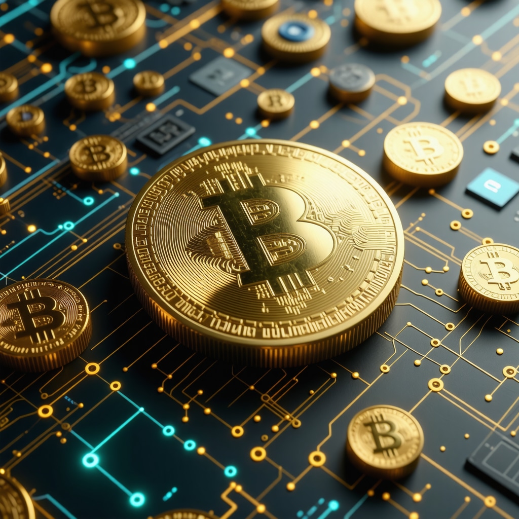 Futuristic digital gold tokens displayed on a blockchain-enabled financial dashboard