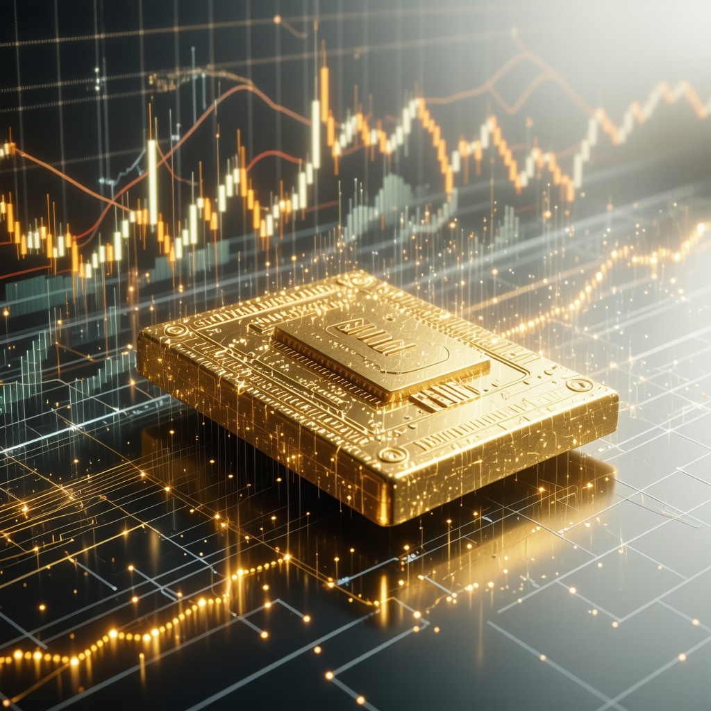 Illustration of blockchain-backed digital gold assets with financial charts