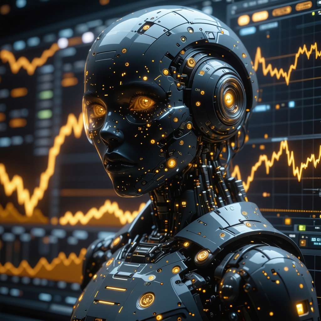 AI analyzing gold market data with blockchain and quantum computing visuals.