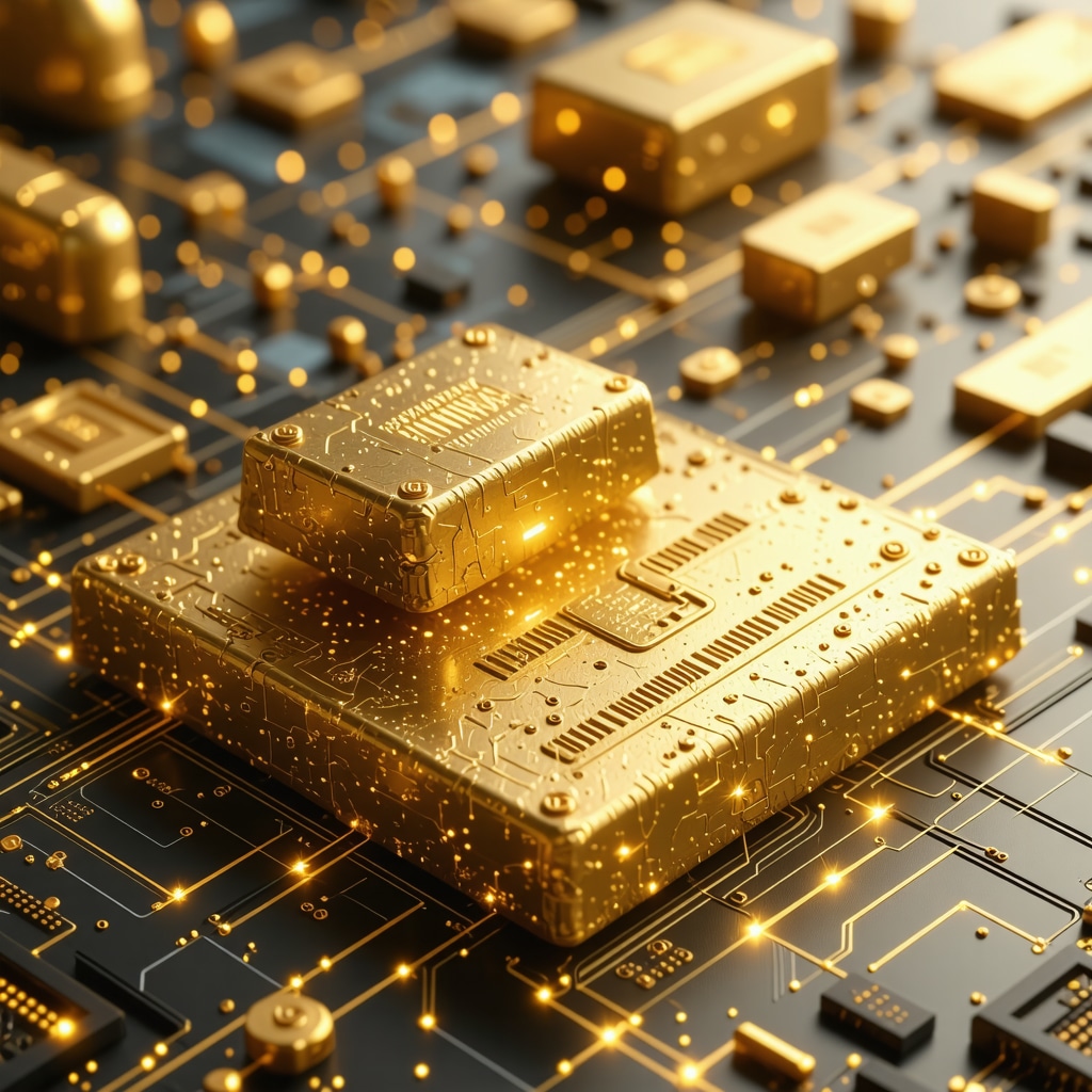 A high-tech digital interface representing blockchain-based gold trading with holographic displays.
