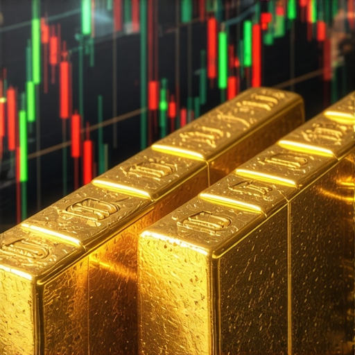 A digital trading interface with blockchain icons and gold bars