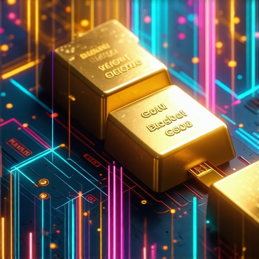 High-tech digital gold trading platform with blockchain elements and secure transaction visuals