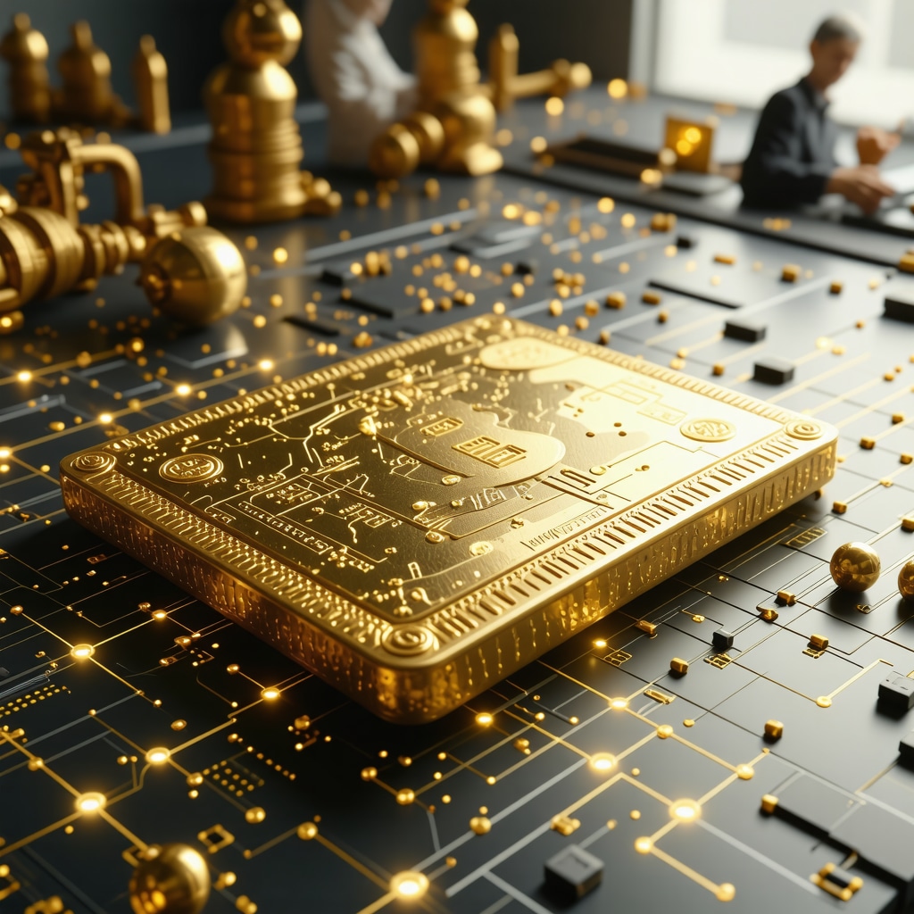 High-tech digital gold trading interface with blockchain elements and global connectivity