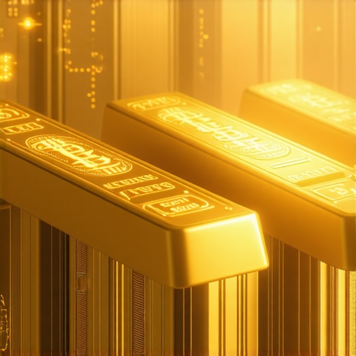 Futuristic digital representation of gold bars, cryptocurrencies, and global monetary icons.