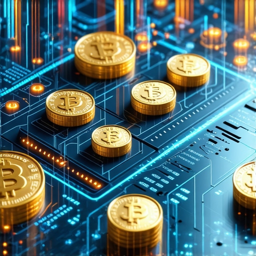 Digital trading platform featuring blockchain technology, gold tokens, and AI analytics interface.