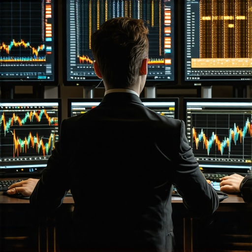 Financial analyst analyzing gold market data with futuristic screens.