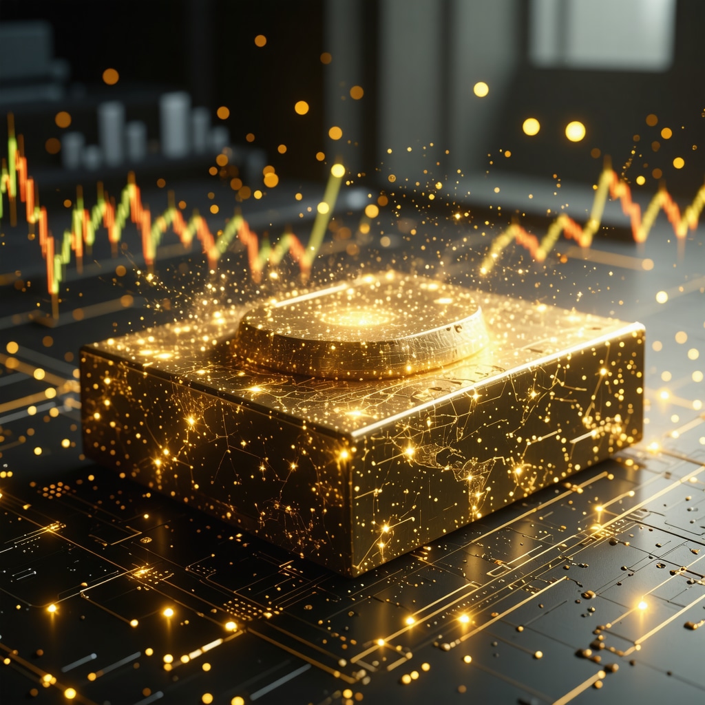 Digital gold trading interface with blockchain and AI graphics