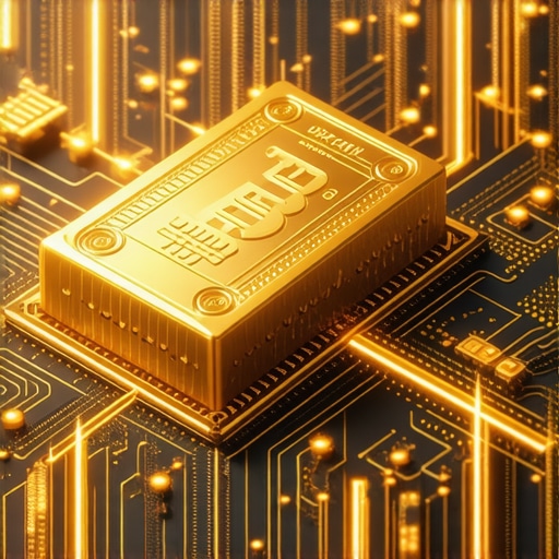 Advanced gold trading interface with blockchain and quantum computing visuals