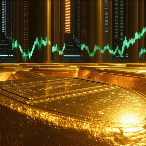 Gold trading interface with blockchain and AI analytics in a high-tech environment.