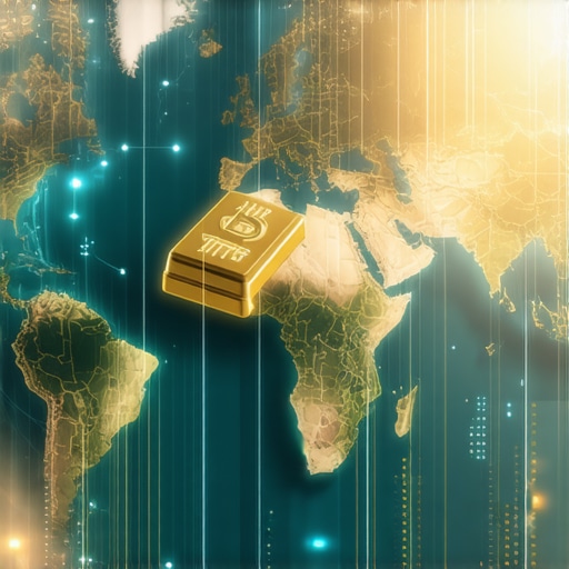 Illustration of interconnected globe, gold bars, and blockchain symbols signifying international gold trade and digital assets.