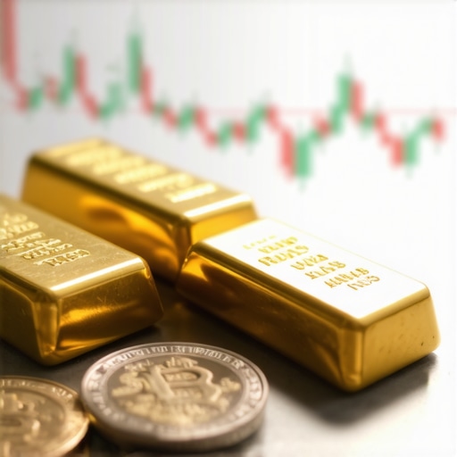 Gold bars and coins with financial chart in the background