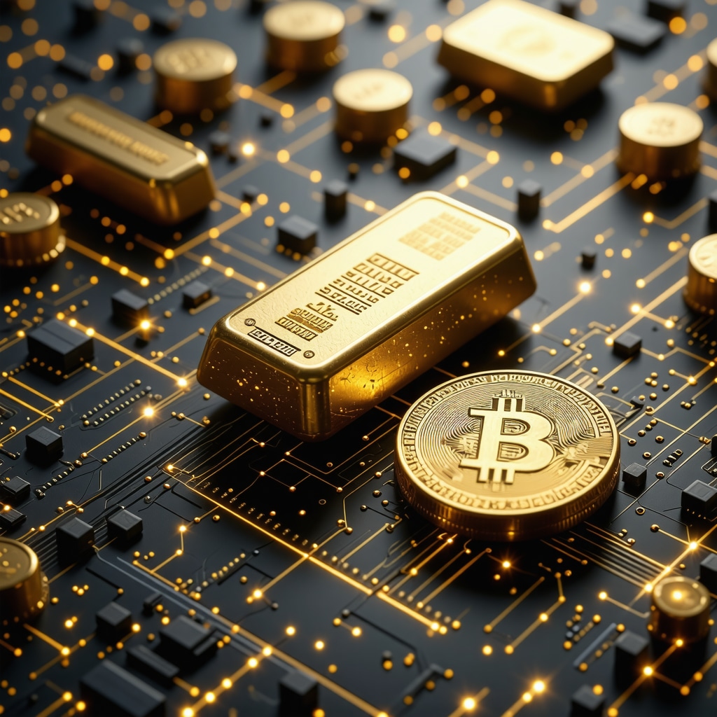 A digital interface showing blockchain-based gold trading with digital tokens and secure transactions.