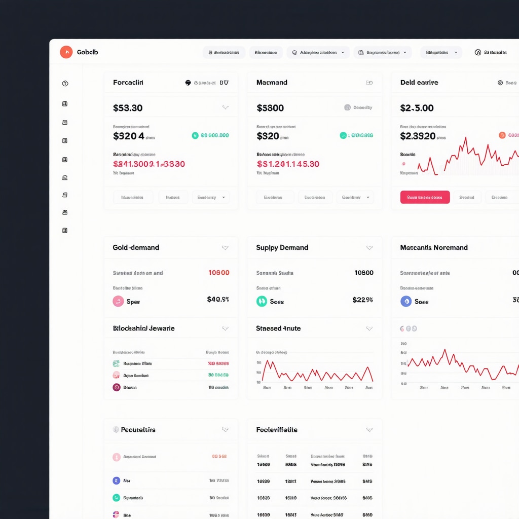 Futuristic dashboard with charts and blockchain icons showing gold supply and demand forecasts