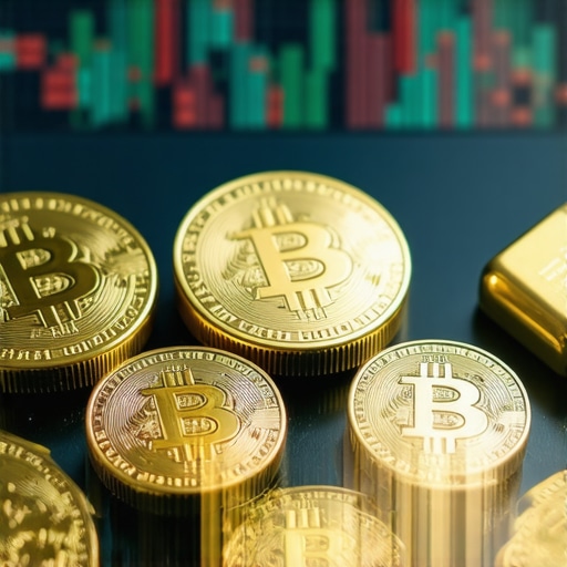 Gold coins and bars with digital security features and blockchain elements.