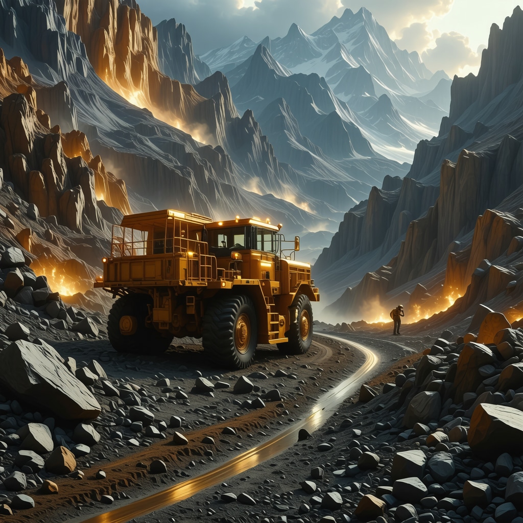 Futuristic gold mining operation demonstrating AI and blockchain technology integration