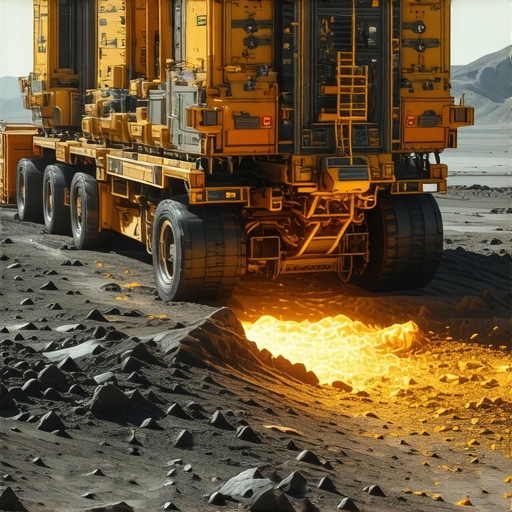 Futuristic lunar mining operation extracting gold on the moon with advanced machinery