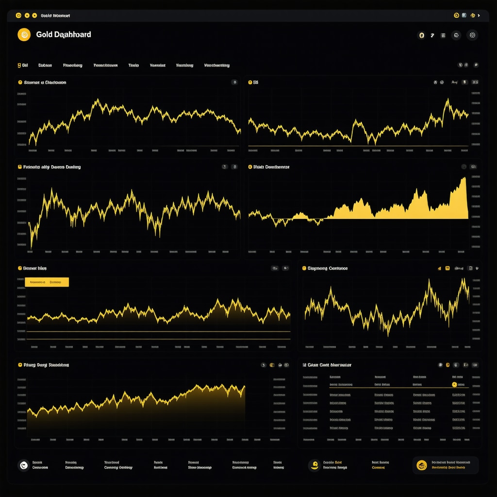 High-tech gold trading interface with analytics and blockchain elements
