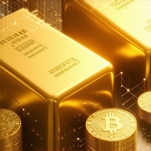 Illustration of gold bars with digital security features, blockchain, and quantum computing symbols representing innovative gold security and analysis in 2025.