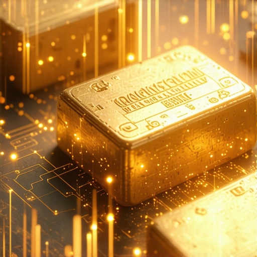 Futuristic digital interface showing blockchain and quantum computing in gold trading
