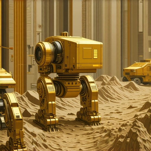 AI robots automating gold extraction in a modern, high-tech mining facility