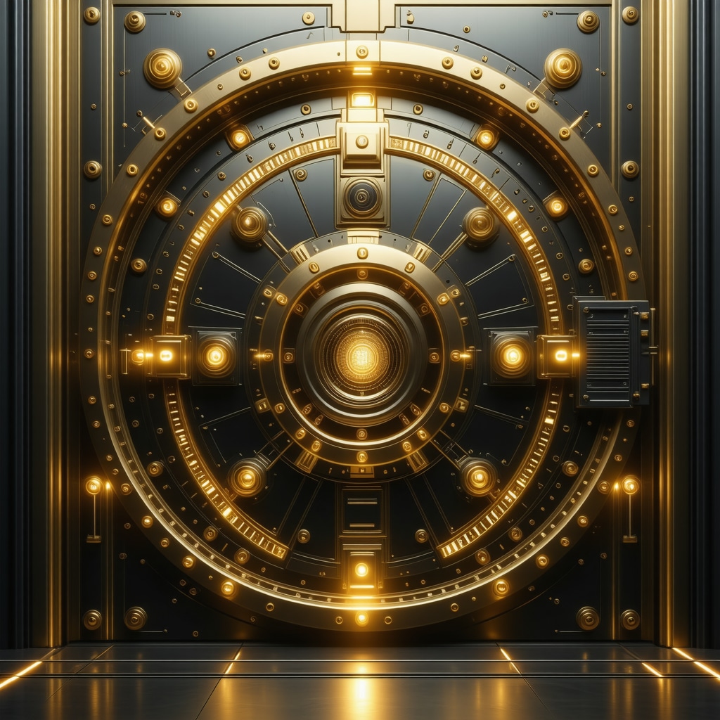 High-tech gold vault equipped with biometric and blockchain security systems, illustrating advanced safeguarding technologies.