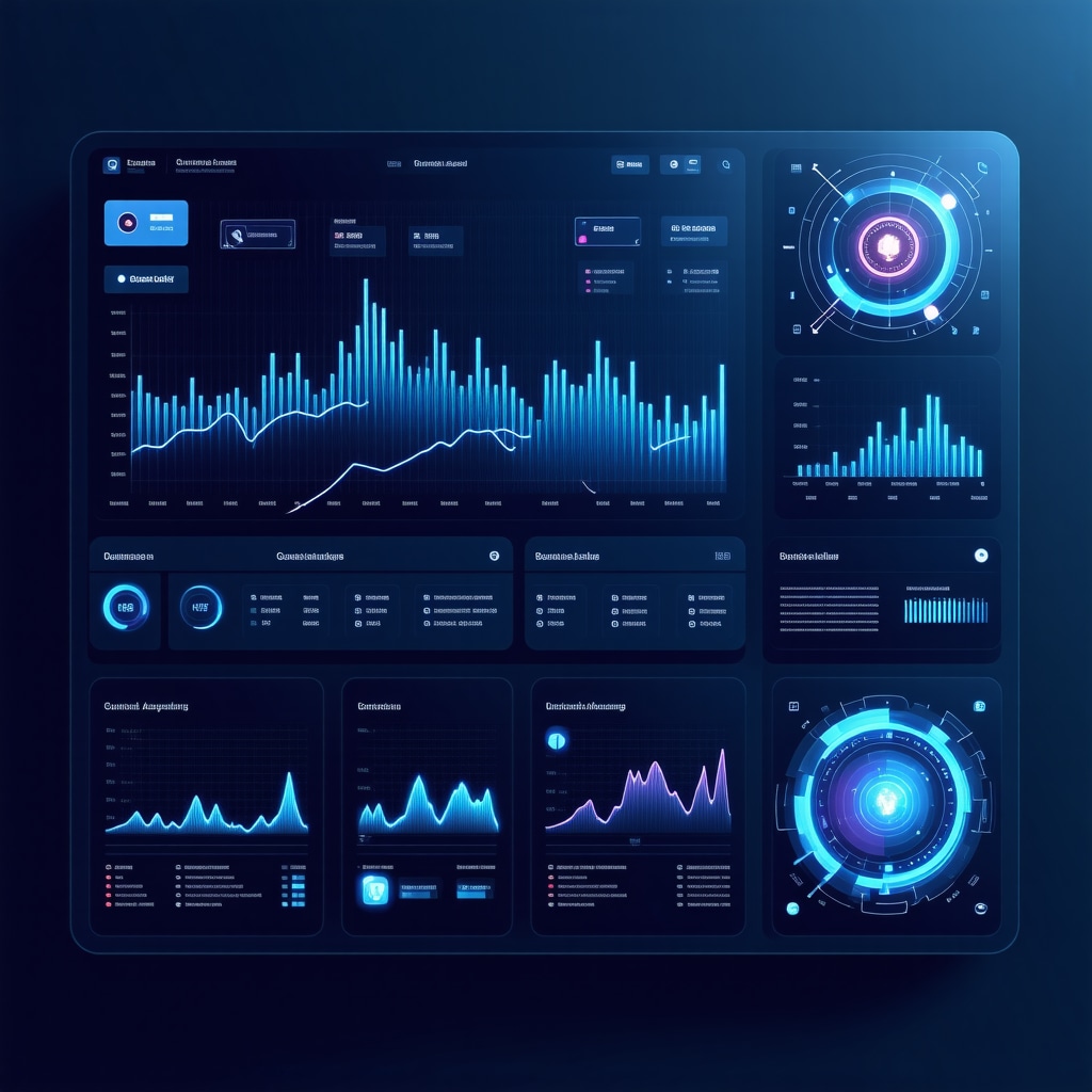 Futuristic financial dashboard showing quantum analytics and blockchain icons