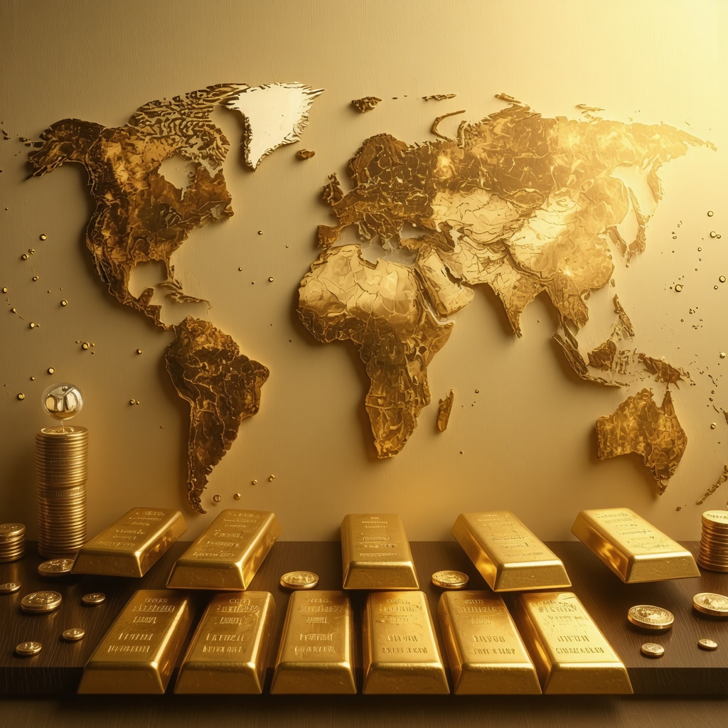 Central banks and sovereign wealth funds managing gold reserves, illustrating strategic accumulation in 2025, with global financial symbols and gold bars.