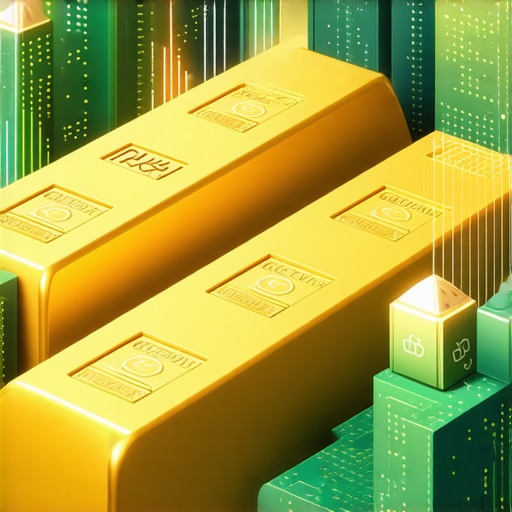 Gold bars integrated with blockchain and eco-friendly symbols representing advanced, ethical investment