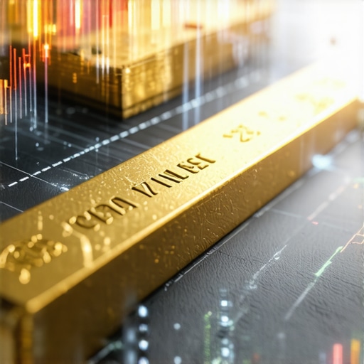 Futuristic digital interface showing AI and blockchain technology analyzing gold market data