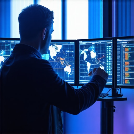 Trader analyzing multiple data sources on high-tech screens for gold futures