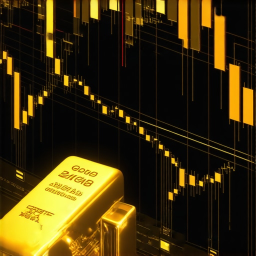 Futuristic gold trading interface with charts, AI, and blockchain elements.