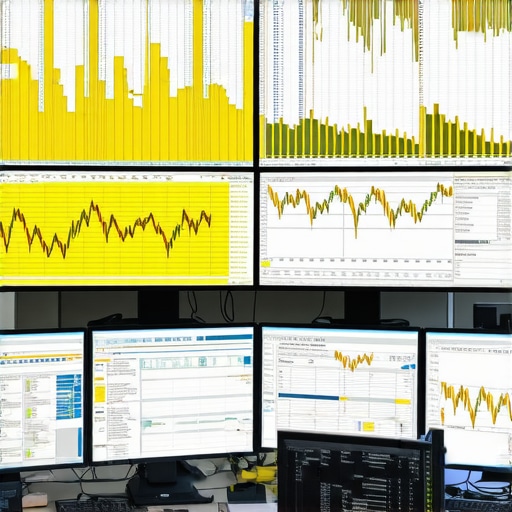 Trader analyzing gold market data on multiple screens with futuristic analytics tools.