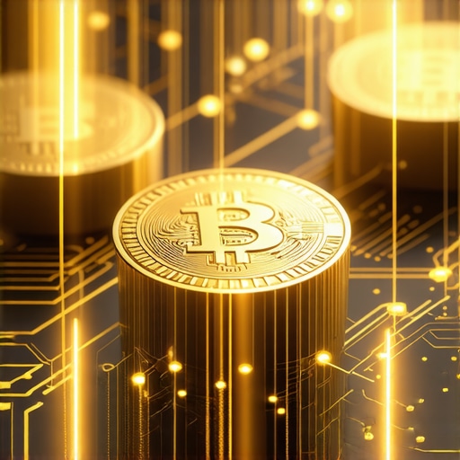 Digital gold tokens and blockchain networks representing technological advancement in gold investments.