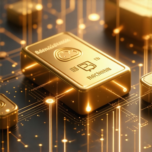 Digital illustration of blockchain technology connecting with gold bars, symbolizing security and transparency.