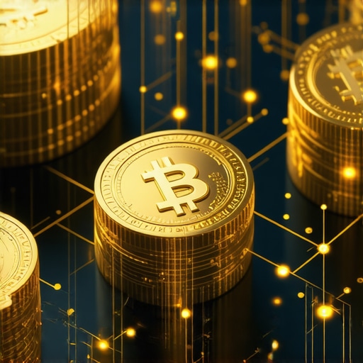 Futuristic illustration of blockchain network with gold tokens and smart contracts