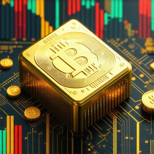 Futuristic digital gold platforms with blockchain and financial graphs.