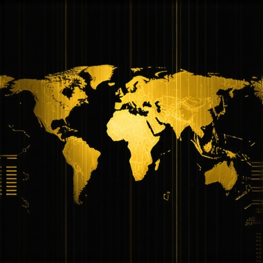 Illustration of blockchain-based gold trading platform with global political symbols