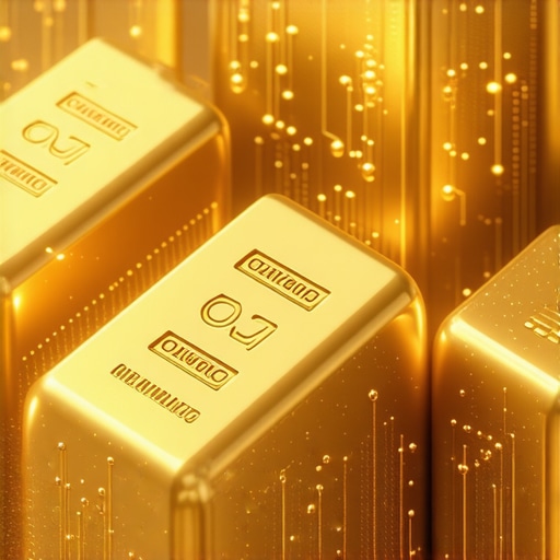 Illustration of digital gold tokens connected to physical gold bars with blockchain network visuals