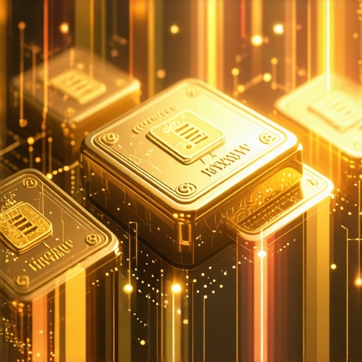 A digital illustration of gold bars with blockchain icons and data streams, symbolizing technological innovation in gold trading.