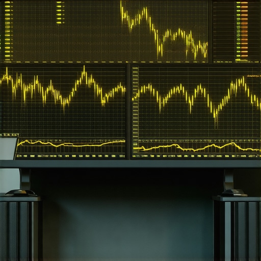 High-tech trading room with data visualization tools for gold market analysis.