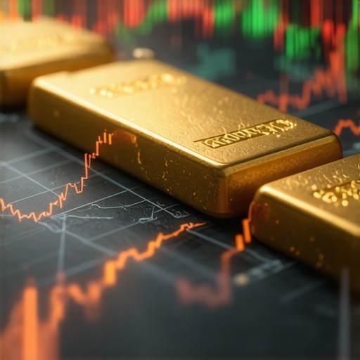 Digital illustration of gold trading concepts involving blockchain technology and AI analytics