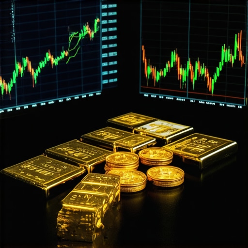 Modern financial analyst workspace with gold and data analytics tools.