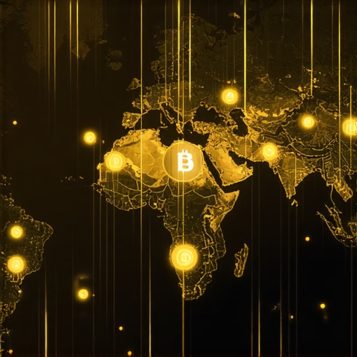 Digital map with gold bars and blockchain icons representing gold digitalization and geopolitical influence.