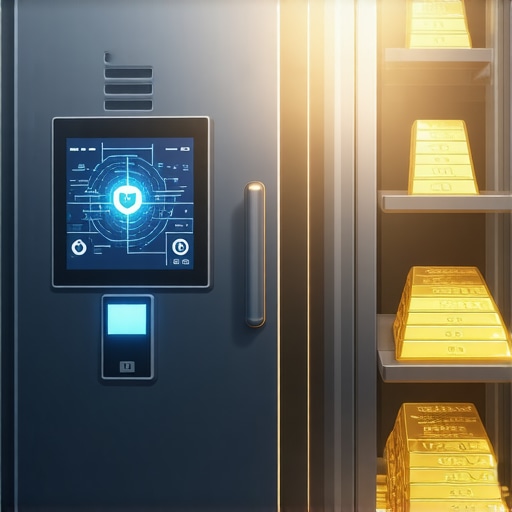 Secure vault with biometric access, digital blockchain certification screens, and gold bars inside.