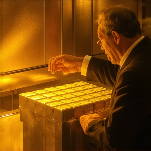Wealthy investor inspecting gold bars in a high-tech vault