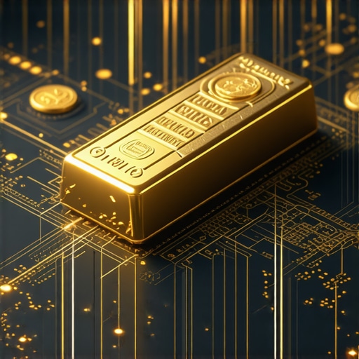 Digital gold trading platform with blockchain technology and global economy symbols