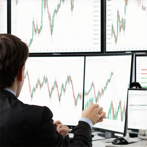 Expert Analyzing Gold Futures and Derivative Strategies Professional trader working with advanced gold trading charts and derivative instruments in a high-tech office environment