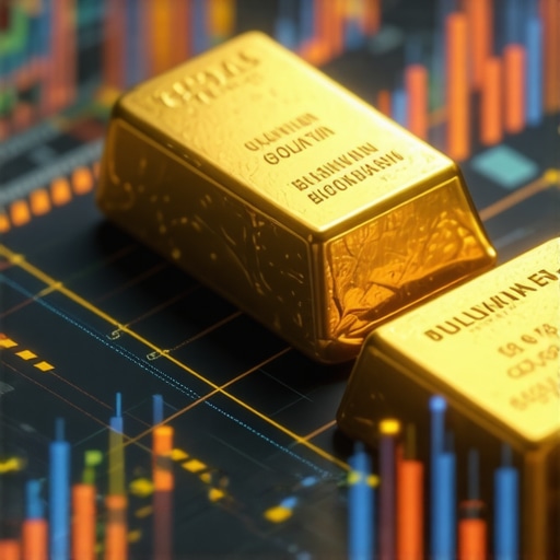 Digital illustration of quantum computing, blockchain, and gold market analytics