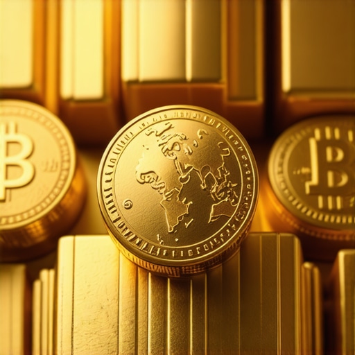 Futuristic digital gold trading interface with blockchain symbols and global finance icons